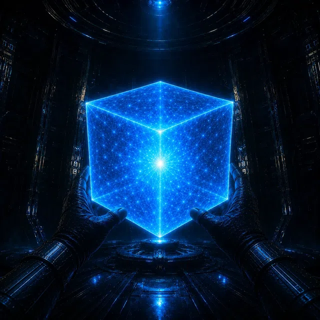 Noyau d’énergie extraterrestre cubique et lumineux dans un décor cosmique