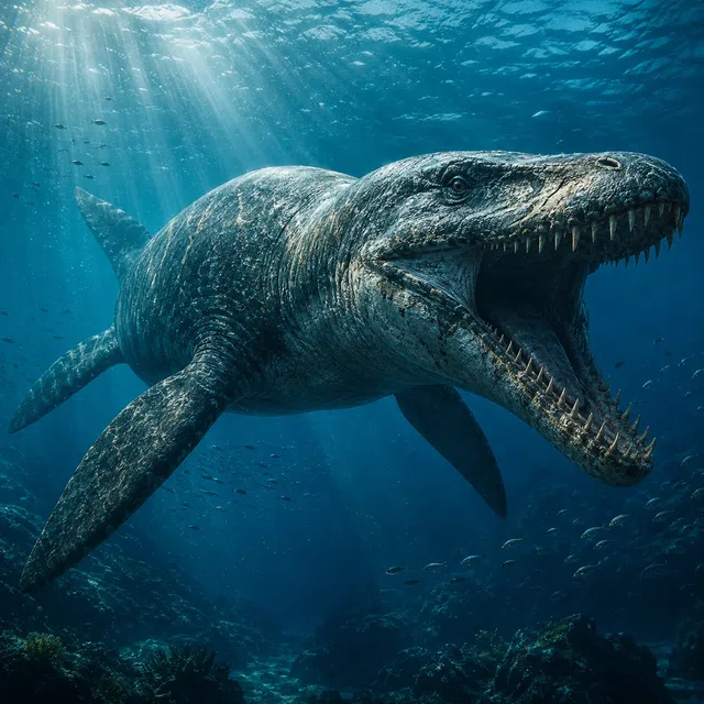 Représentation stylisée d’un reptile marin préhistorique à quatre nageoires dans une mer ancienne