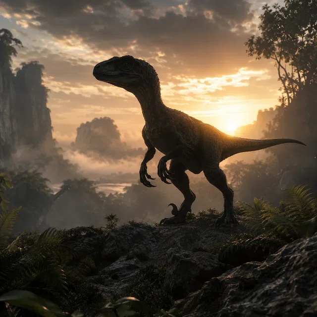 Velociraptor à plumes dans un paysage préhistorique