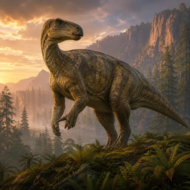 Dinosaure herbivore avec une pointe de pouce relevée dans un paysage du Crétacé