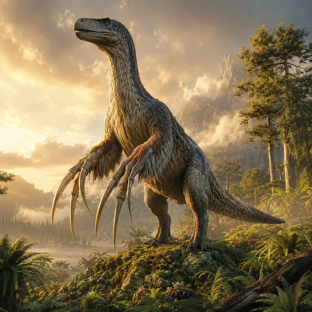 Dinosaure à plumes avec des griffes en forme de faucille exceptionnellement longues dans un paysage du Crétacé