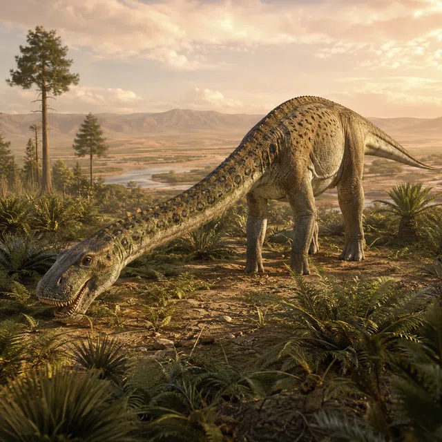 Dinosaure à faible navigation avec une mâchoire inhabituellement large dans un paysage préhistorique