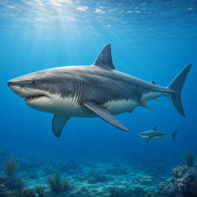 Originale Illustration eines Megalodons in einem urzeitlichen Meer mit einem kleineren Weißhai zum Größenvergleich