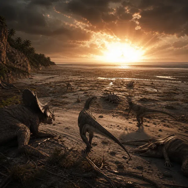 Dinosaurs on a prehistoric coast as a bright object strikes Earth