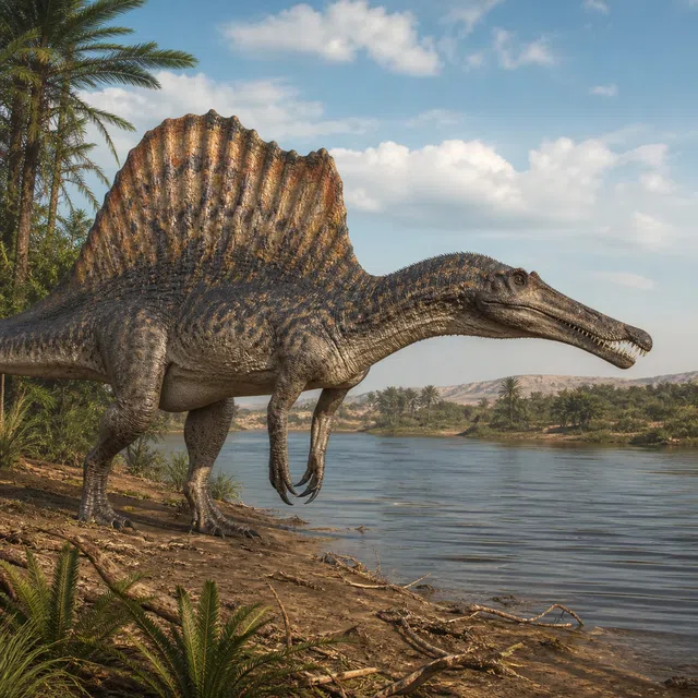 Un Spinosaurus au museau allongé se tenant au bord d'une rivière préhistorique