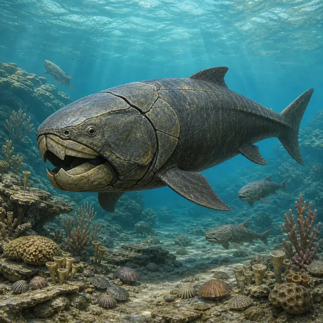 Een grote gepantserde prehistorische vis tussen kleinere vissen in een oude zee