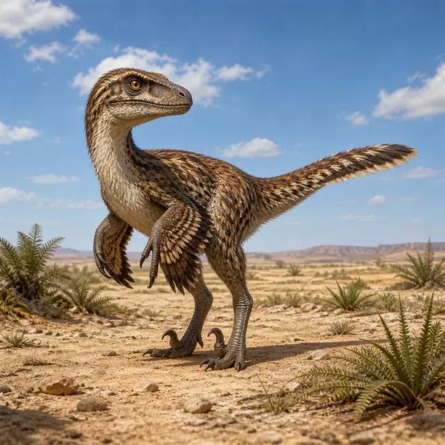 Illustration originale d'un Velociraptor à plumes dans un paysage sec du Crétacé