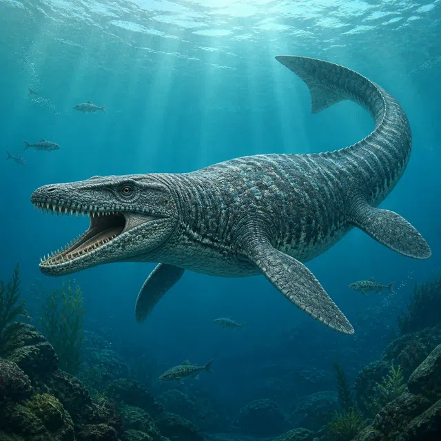 Illustrazione subacquea originale di un Mosasaurus in un mare del Cretaceo