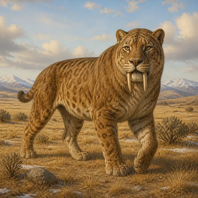 Originale Illustration eines Smilodon in einer eiszeitlichen Graslandschaft