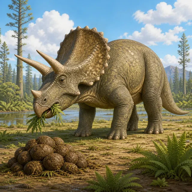 Illustration originale d'un Triceratops près d'un grand tas d'excréments dans un paysage préhistorique
