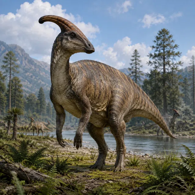 Troupeau de dinosaures herbivores dans un paysage du Crétacé supérieur