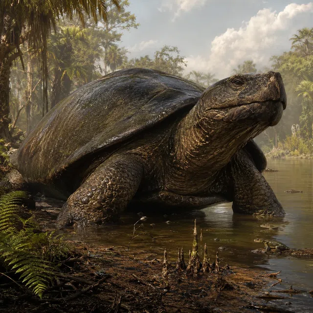 Giant prehistoric freshwater turtle Carbonemys in a tropical wetland
