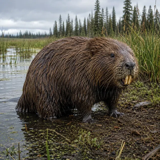 Castoroides gigante en el borde de un humedal de América del Norte