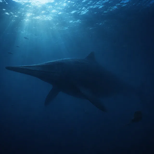 Énorme ichtyosaure en silhouette sombre en pleine mer