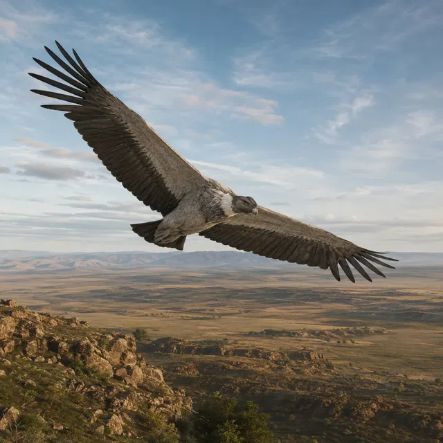 De gigantische prehistorische vogel Argentavis glijdt met gespreide vleugels over een open landschap