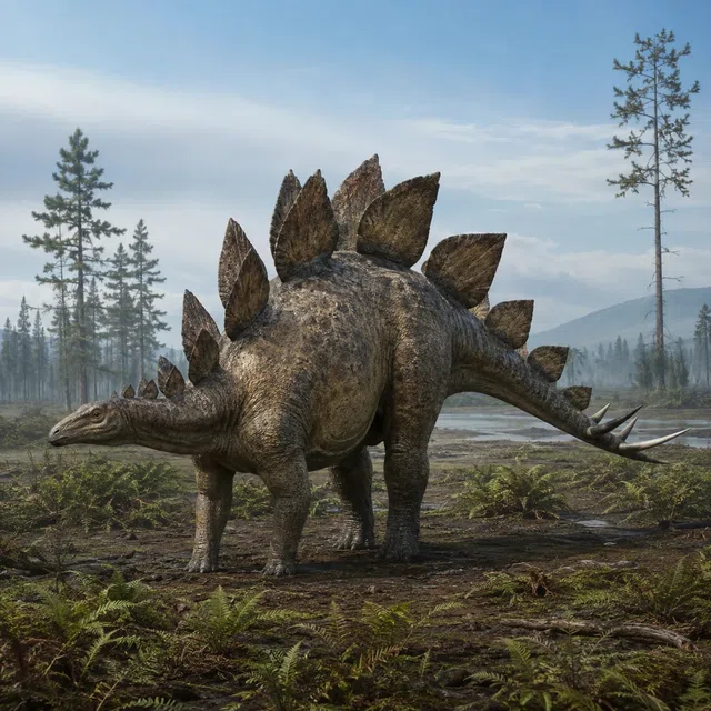Stégosaure avec de grandes plaques dorsales décalées et des épines caudales dans un paysage jurassique