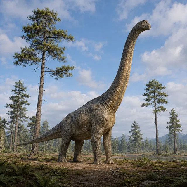 Brachiosaurus met lange nek en hoge schouders tussen hoge bomen