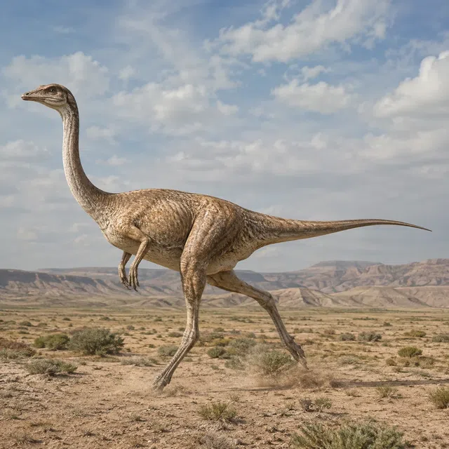 Gallimimus rent door een open landschap met een lange nek en tandeloze snavel