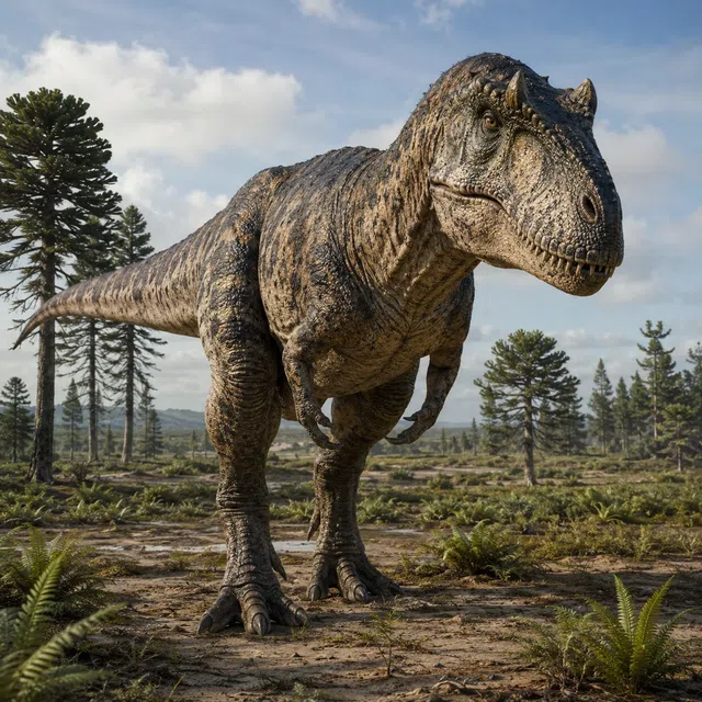 Allosaurus staat als een grote tweepotige roofzuchtige dinosaurus in een Jura-landschap