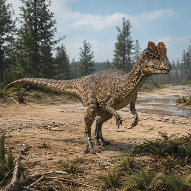 Tvåkrönade Dilophosaurus i ett landskap från tidig jura