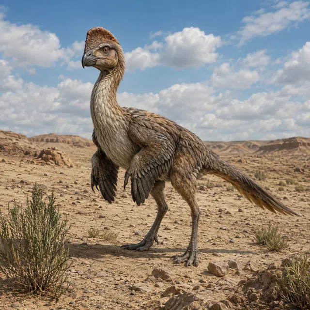 Fjädrad oviraptorid ovanför ett bo av fossila dinosaurieägg