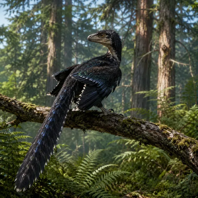Microraptor emplumado com asas estendidas nos braços e patas traseiras