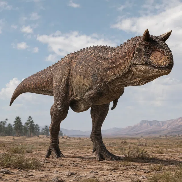 Carnotaurus com chifres sobre os olhos em uma paisagem do Cretáceo