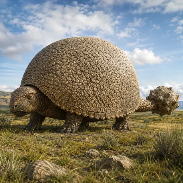 Doedicurus blindé avec une grande massue de queue dans un paysage de la période glaciaire