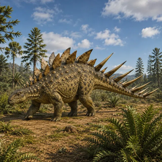 Kentrosaurus met lange staartstekels in een laat Jura-landschap