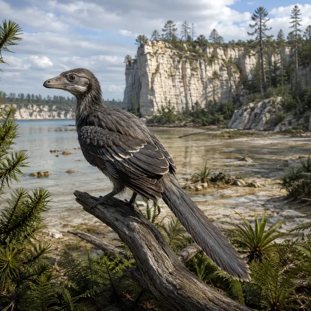 Gevederde Archaeopteryx op een tak in een Laat Jura-landschap