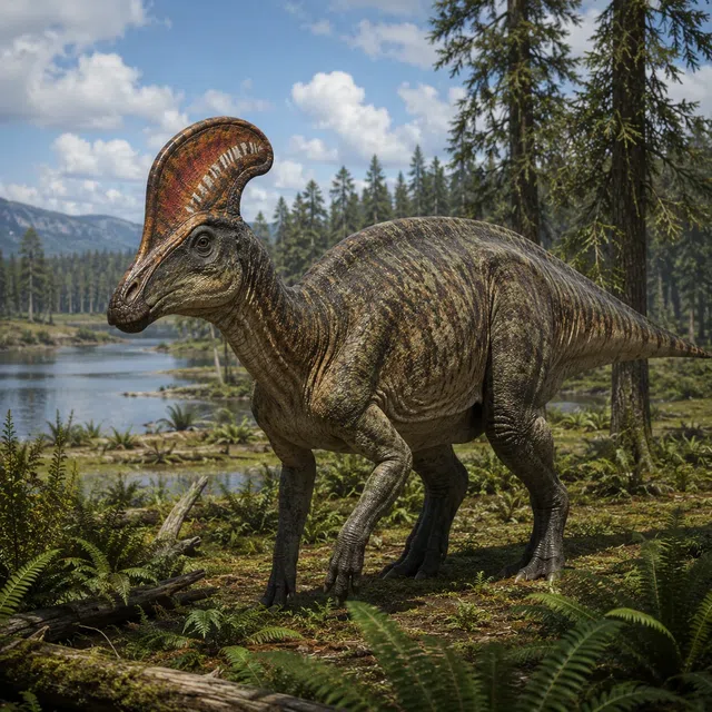 Lambeosaurus with a hollow skull crest in a Cretaceous forest landscape