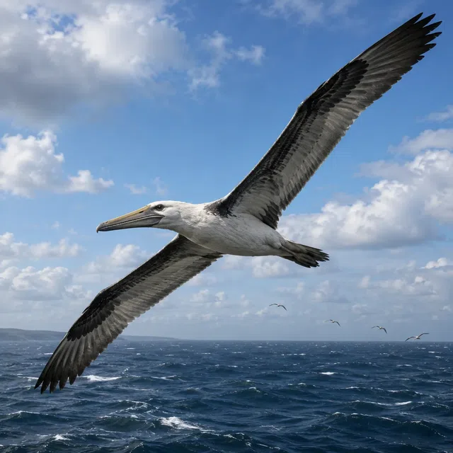 Pelagornis z długim dziobem w locie nad otwartym morzem