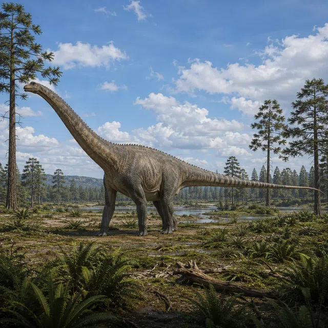 Diplodocus with long tail held free in a Jurassic landscape