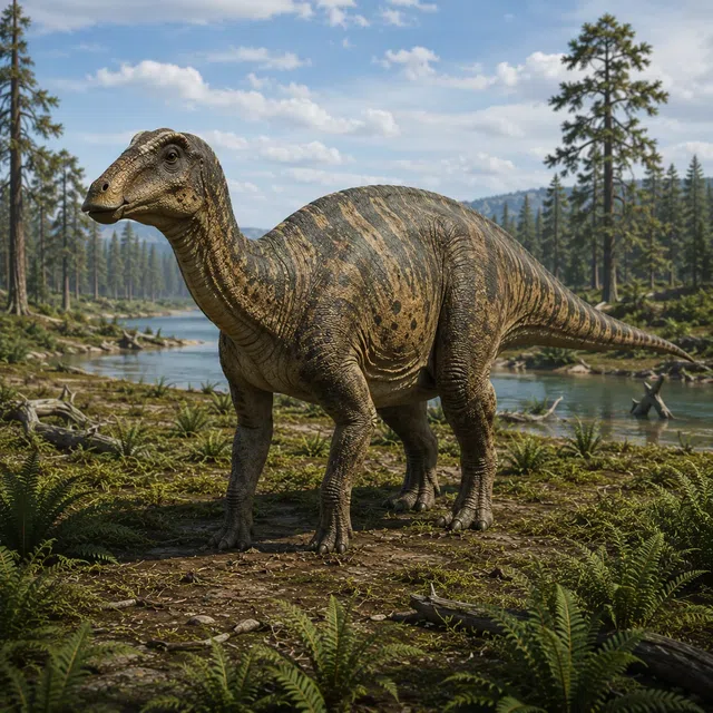 Maiasaura in a Late Cretaceous landscape near a lake