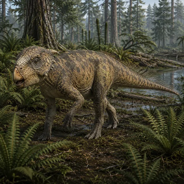 Psittacosaurus with bristle-like structures on its tail in a Cretaceous forest