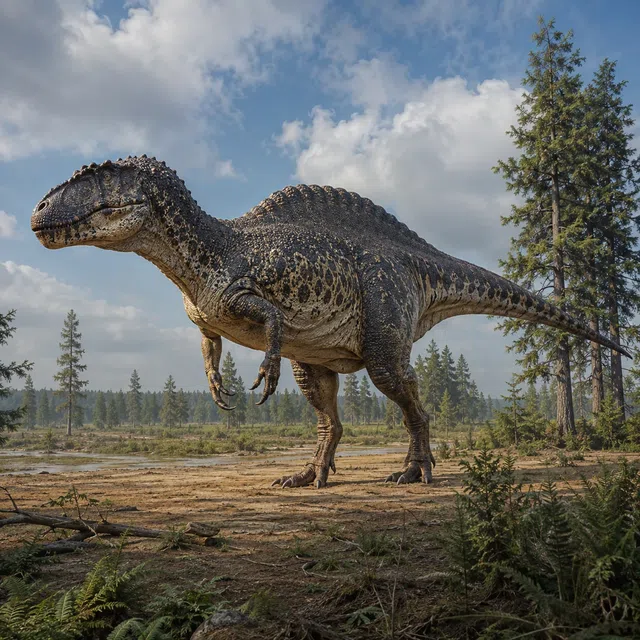 Acrocanthosaurus med upphöjd rygg i ett landskap från tidig krita