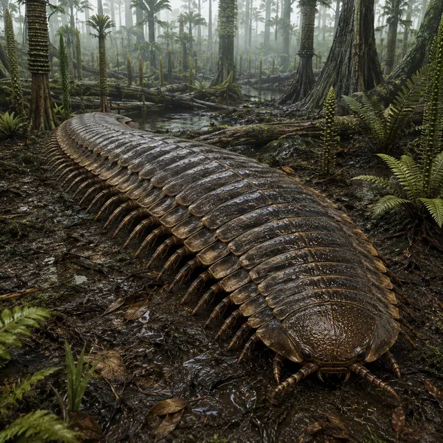 Reuze Arthropleura in een moerassig Carboonbos