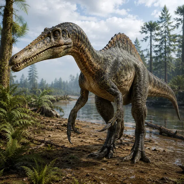 Baryonyx med en lång, smal skalle på en flodstrand i den tidiga kritatiden