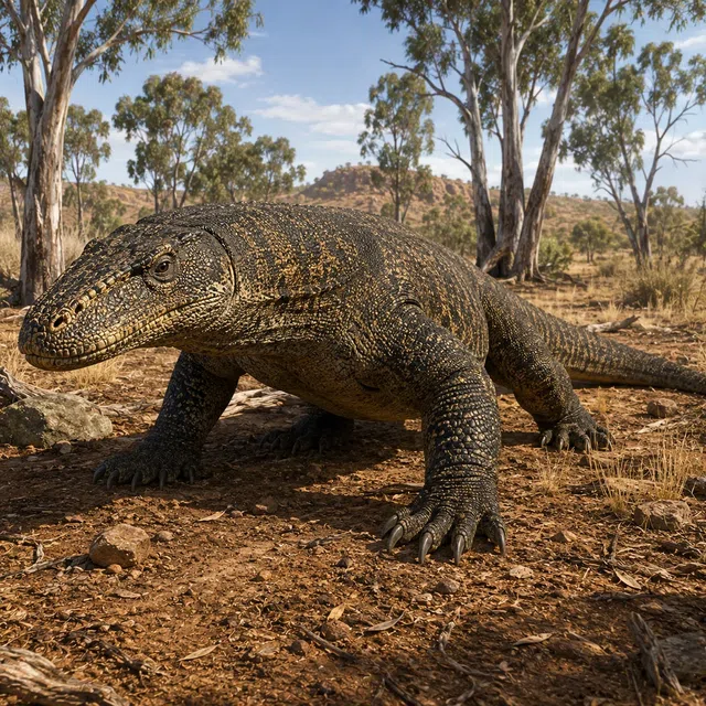 Megalania en varan géant dans un paysage aride australien