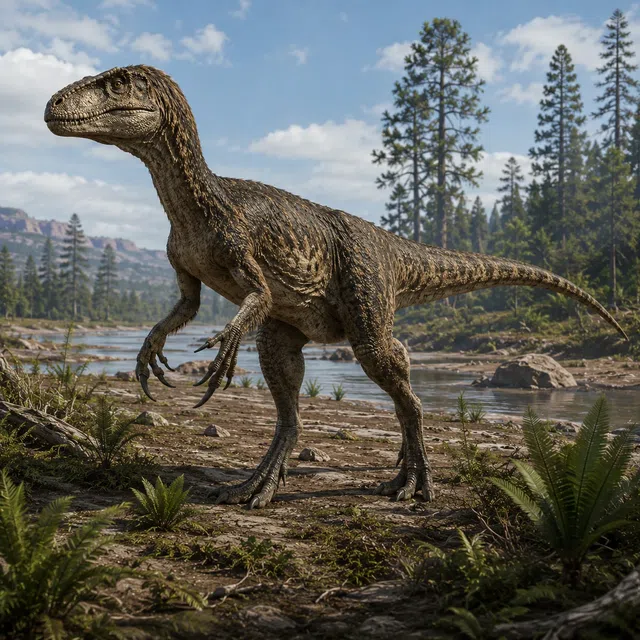 Megaraptor sebagai dinosaurus predator theropoda besar di lanskap sungai