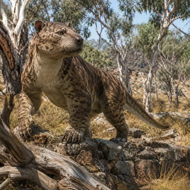 Thylacoleo als kräftiger australischer Beutellöwe in einer offenen Waldlandschaft