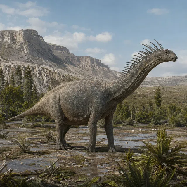 Amargasaurus med en slående dubbelrad på halsen i ett kritlandskap