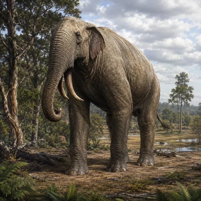 Deinotherium avec des défenses recourbées vers le bas dans un paysage boisé
