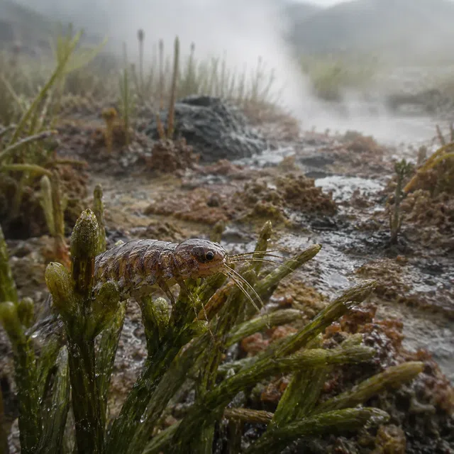 Petit arthropode terrestre primitif dans un paysage humide du Dévonien