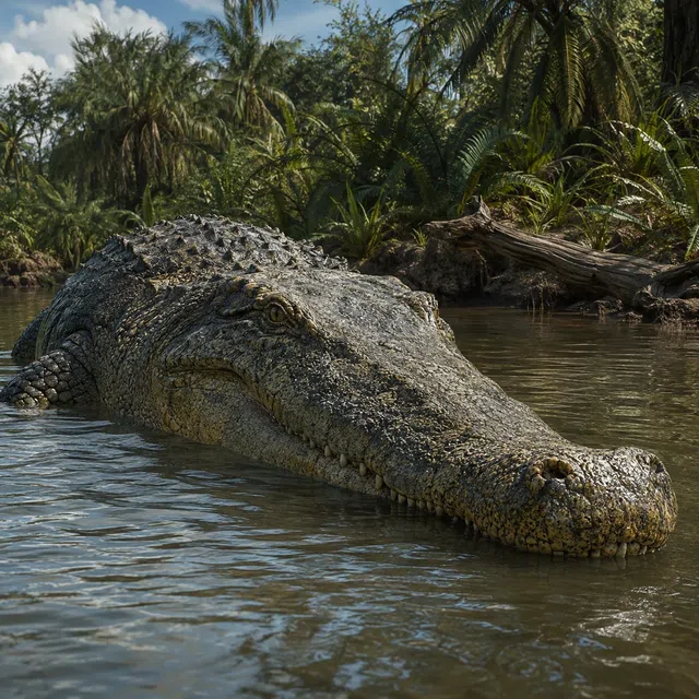 Sarcosuchus med bred nos i en flod från Krita