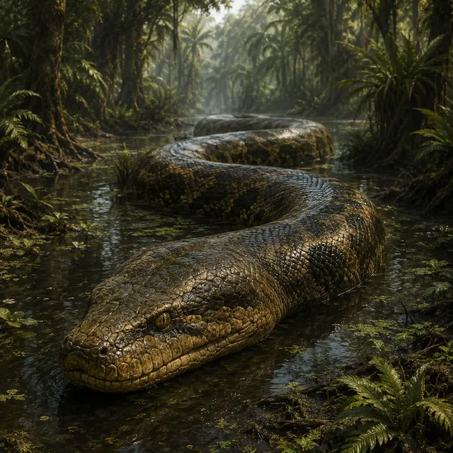 Titanoboa como uma cobra gigante em uma floresta tropical pantanosa