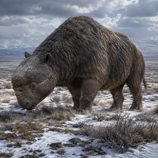Elasmotherium jako duży kudłaty nosorożec w zimnym stepowym krajobrazie