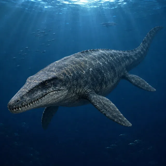 Reconstitution de Mosasaurus sous la forme d'un grand reptile marin dans une mer du Crétacé