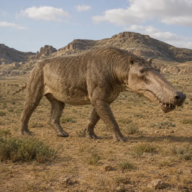 Reconstitution d'Andrewsarchus sous la forme d'un grand mammifère dans un paysage aride