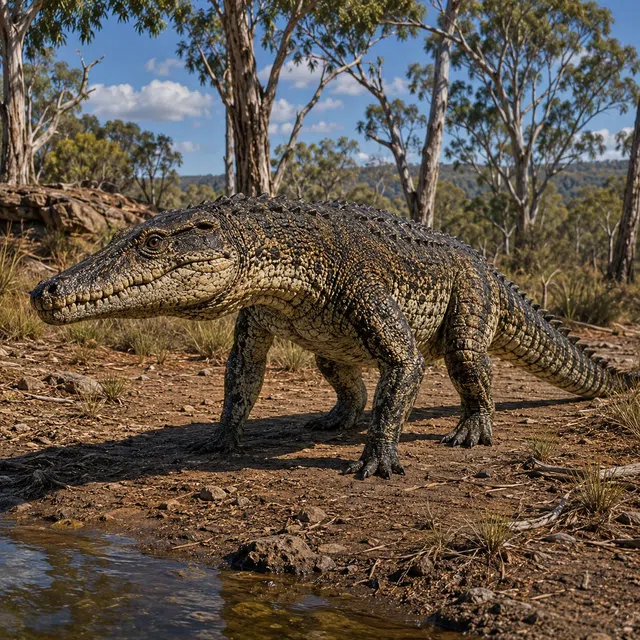Reconstitution de Quinkana, parent des crocodiles, près d'un point d'eau australien